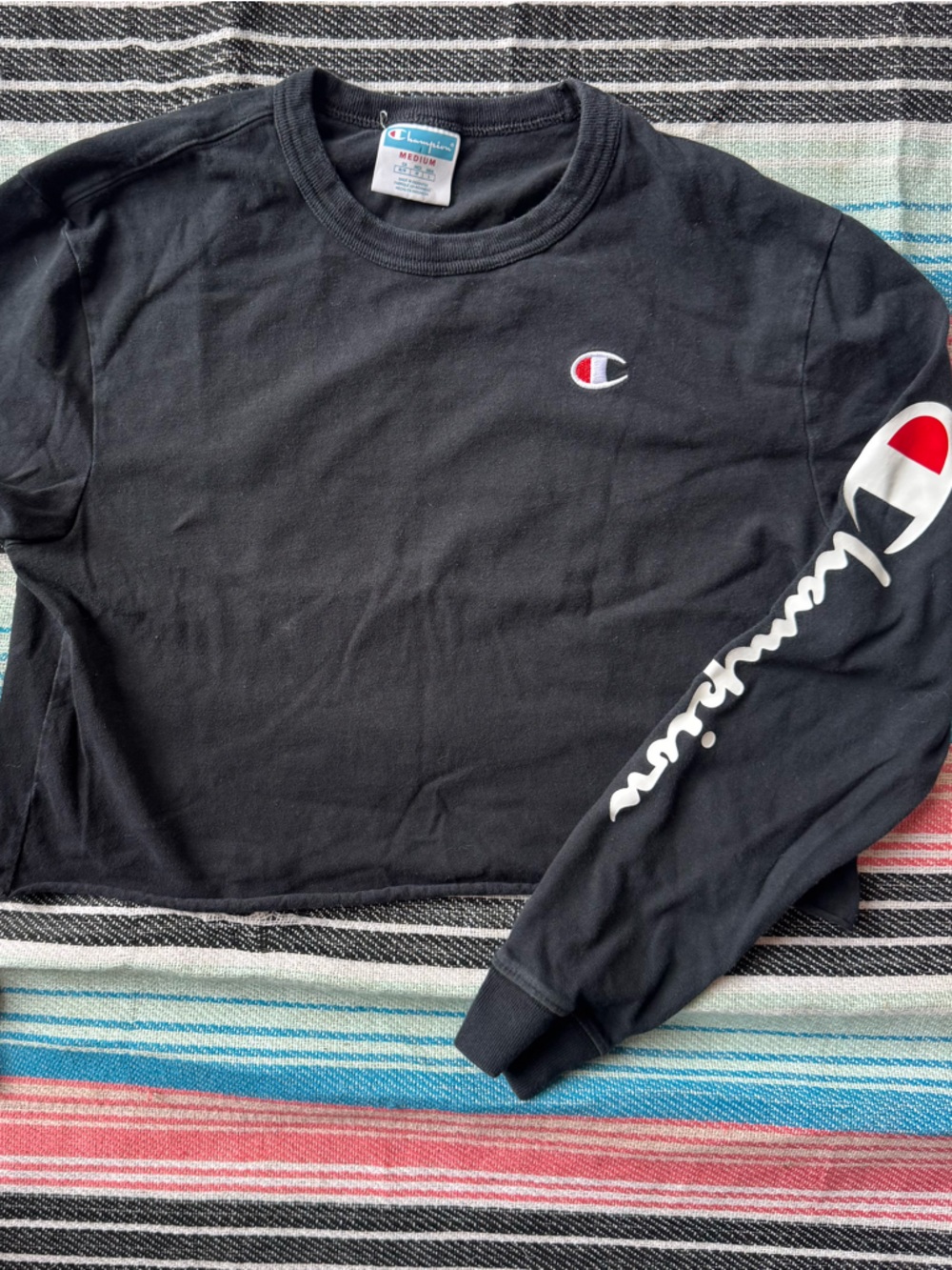 Champion Black Crewneck with Teal Tag and Red Size Print